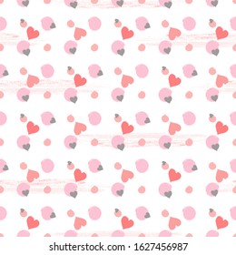 Vector seamless pattern with watercolor hearts and grunge elements on a white background. For Valentine day design.