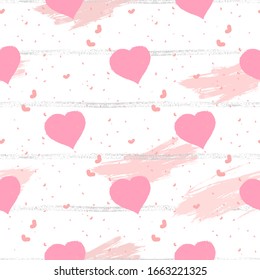 Vector seamless pattern with watercolor hearts and grunge elements on a white background. For Valentine day design.
