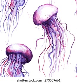 Vector seamless pattern with watercolor jellyfish