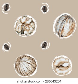 Vector seamless pattern of watercolor nuts and coffee beans
