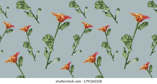 Patrón vectorial sin fisuras con flores pintadas en color de agua, plantilla de fondo colorido, fondo gráfico, ilustración dibujada a mano, baldosa botánica, fondo de color gris.