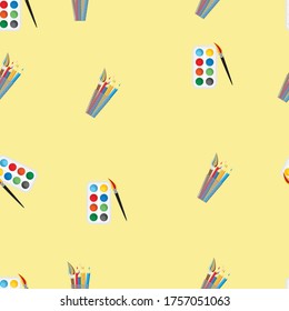 patrón vectorial sin fisuras con paleta de acuarela y pinceles, ilustración dibujada a mano