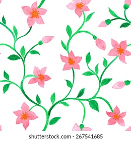 Vector seamless pattern with watercolor pink flowers on a white background