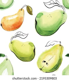 Vector seamless pattern with watercolor red and green pears isolated on white background