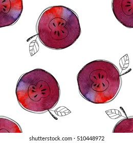 Vector Seamless pattern of watercolor red apple with black hand-drawn elements. On white background. Grouped and isolated. Modern design. Creative style.