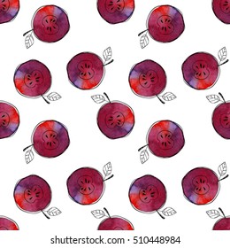 Vector Seamless pattern of watercolor red apple with black hand-drawn elements. On white background. Grouped and isolated. Modern design. Creative style.