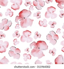 Vector seamless pattern with watercolor sakura on white background