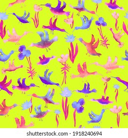 vector seamless pattern watercolor small multicolored birds with flowers. Background for wallpaper, fabric, stationery and scrapbooking. Multicolored