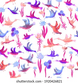 vector seamless pattern watercolor small multicolored birds with flowers. Background for wallpaper, fabric, stationery and scrapbooking. Multicolored