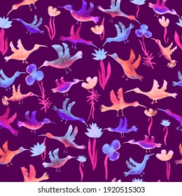 vector seamless pattern watercolor small multicolored birds with flowers. Background for wallpaper, fabric, stationery and scrapbooking. Multicolored