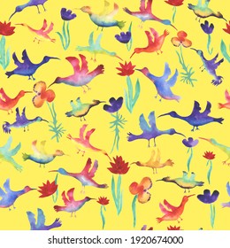 vector seamless pattern watercolor small multicolored birds with flowers. Background for wallpaper, fabric, stationery and scrapbooking. Multicolored