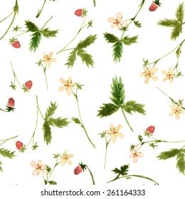vector seamless pattern with watercolor strawberries, hand drawn floral background