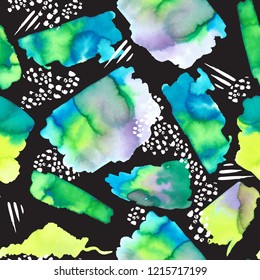 Vector seamless pattern with watercolor strokes on black color. Pattern on the theme of artist's palette
