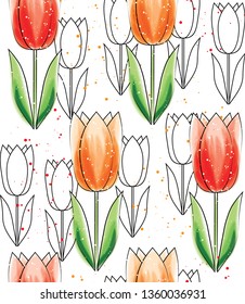 vector seamless pattern in a watercolor style of graphic tulips on a white background