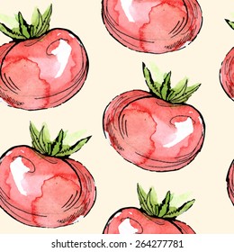 Vector seamless pattern with watercolor tomatoes