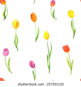 vector seamless pattern with watercolor tulips, hand drawn  illustration