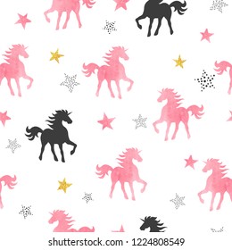 Vector seamless pattern with watercolor unicorns and stars.