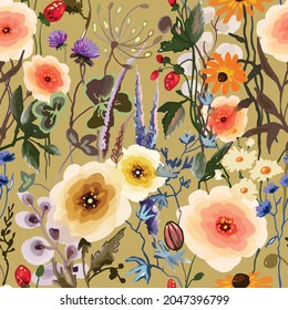 vector seamless pattern with watercolor wild flowers, meadow blooming, strawberry on pastel khaki background. Hand drawn floral botanical herbal texture, print. Vector illustration