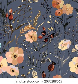 Vektornahtloses Muster mit wilden Wasserfarben Blumen, Wiesenblüte, Beeren auf pastellgrauem Hintergrund. Handgezeichnet florale botanische Kräuterstruktur, Druck. Vektorgrafik
