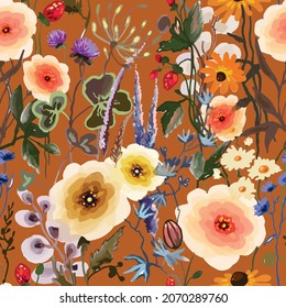 vector seamless pattern with watercolor wild flowers, meadow blooming, strawberry on pastel orange background. Hand drawn floral botanical herbal texture, print. Vector illustration