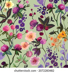 vector seamless pattern with watercolor wild flowers, meadow blooming, clover on pastel green background. Hand drawn floral botanical herbal texture, print. Vector illustration