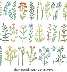 Vector seamless pattern with watercolor wild flowers and grass, hand drawn floral herbal background. Colorful botanical illustration, floral elements, hand drawn repeating background