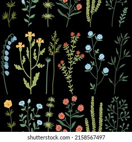 Patrón vectorial sin fisuras con acuarela de flores silvestres y hierba, fondo de hierbas florales dibujado a mano. Ilustración botánica colorida, elementos florales, fondo extensible dibujado a mano