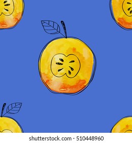 Vector Seamless pattern of watercolor yellow apple with black hand-drawn elements. On contrast blue background. Grouped and isolated. Modern design. Creative style.