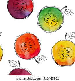 Vector Seamless pattern of watercolor yellow, green, red, orange apple with black hand-drawn elements. On white background. Grouped and isolated. Modern design. Creative style.