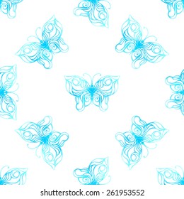 Vector seamless pattern of watercolour butterflies. Blue butterflies on white background.