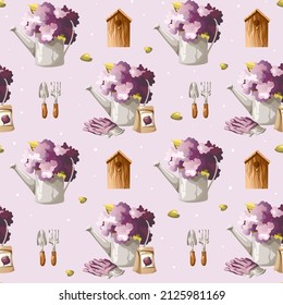 Patrón vectorial sin fisuras con lata de riego, casa de aves, herramientas de jardinería. Lilac fondo. Adecuado para crear fondos, fondos de pantalla, tejidos, impresiones, carteles, pancartas.