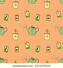 Vector seamless pattern with watering cans, bags with seeds vegetables, pots with plant sprout, seedlings. Bright texture in doodle flat style on topic of gardening, farming, agriculture