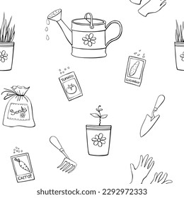 Vector seamless pattern with watering cans, bags with seeds vegetables, pots with plant sprout. Outline texture