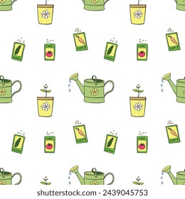 Vector seamless pattern with watering cans, bags with seeds vegetables, pots with plant sprout, seedlings. Bright texture in doodle flat style on topic of gardening, farming, agriculture