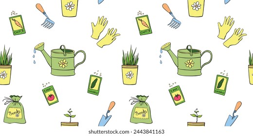 Vector seamless pattern with watering cans, bags with seeds vegetables, pots with plant sprout, seedlings. Outline color texture in doodle style on topic of gardening, farming, agriculture