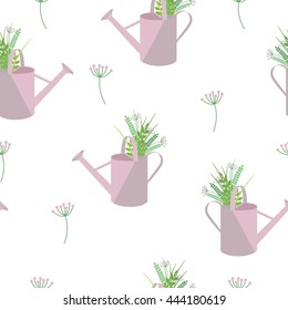 Vector seamless pattern with  watering cans and flowers