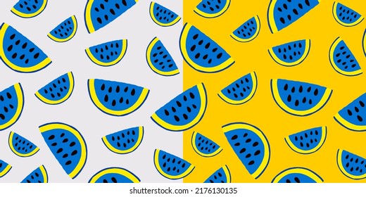 Vector seamless pattern with watermelon in blue yellow colors. Template for clothes, t shirt, cover, poster, invitation, post card, banner, social media