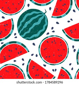 Vector seamless pattern with watermelon. Bright colorful healthy cartoon stylized exotic fruit background in print flat style, eat local organic products.