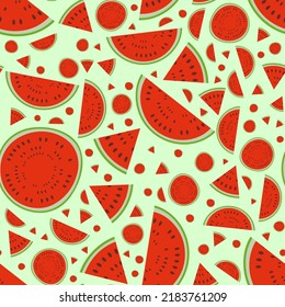 Vector seamless pattern with watermelon, cutaway fruits, slices. Illustration with pattern for fabric or packaging, wrapping paper or kitchen design.