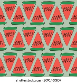 Vector Seamless pattern with watermelon and green background. Vector illustration. Modern exotic design for paper, cover, fabric, interior decor and other. Exotic Rapport for Textile, Fabric. 