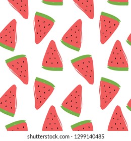 Vector seamless pattern with  watermelon isolated on white background. Hand drawn textile print in cartoon style. 