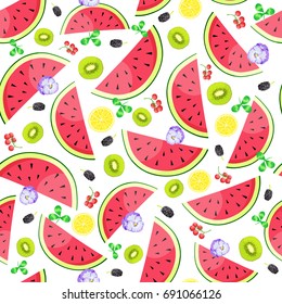 Vector Seamless pattern with watermelon lemon and kiwi slices. Vector illustration.