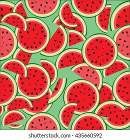 Vector seamless pattern with watermelon on green background