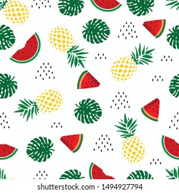 Vector Seamless Pattern Watermelon & Pineapple . Tropical fruits Illustration 