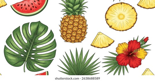 Vector seamless pattern with watermelon, pineapple, hibiscus flower and monstera leaf. Summer holiday, vacation, travel. Background for summer concept, surface design, textile, prin