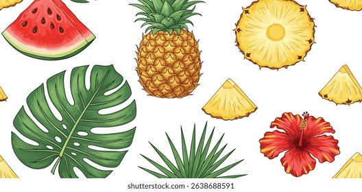 Vector seamless pattern with watermelon, pineapple, hibiscus flower and monstera leaf. Summer holiday, vacation, travel. Background for summer concept, surface design, textile, prin