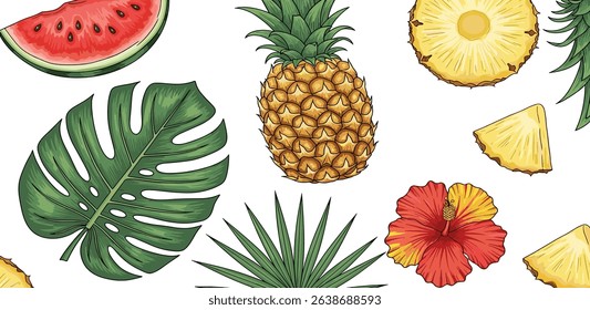 Vector seamless pattern with watermelon, pineapple, hibiscus flower and monstera leaf. Summer holiday, vacation, travel. Background for summer concept, surface design, textile, prin