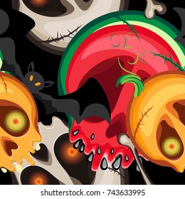 Vector seamless pattern of watermelon, pumpkin skulls with luminous eyes, beige skulls and bats on a black background