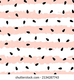 Vector seamless pattern with watermelon seeds and pink painted stripes. Colorful hand-drawn repeatable background.