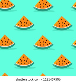 Vector seamless pattern with watermelon slices. Colorful isometric food background. For cafe menu, design banner, wrapping paper, wallpaper, print for clothes or cover. Trend colors.